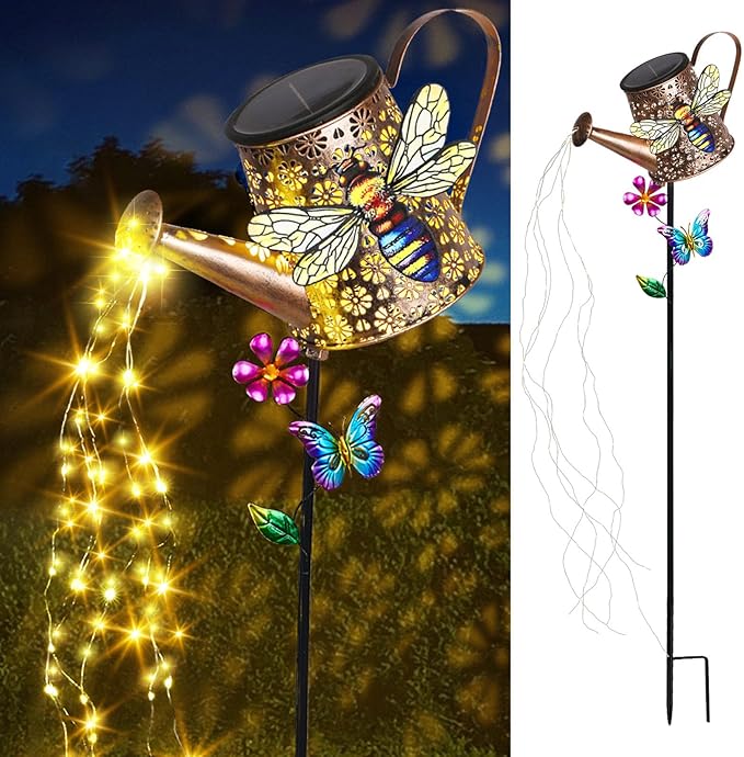 Solar Watering Can with Lights Outdoor Garden, 41in Large Bee Garden Stake Lights, Waterproof Decoration for Yard Lawn Pathway, Gifts for Mom Grandma Women Birthday Gardening Gift