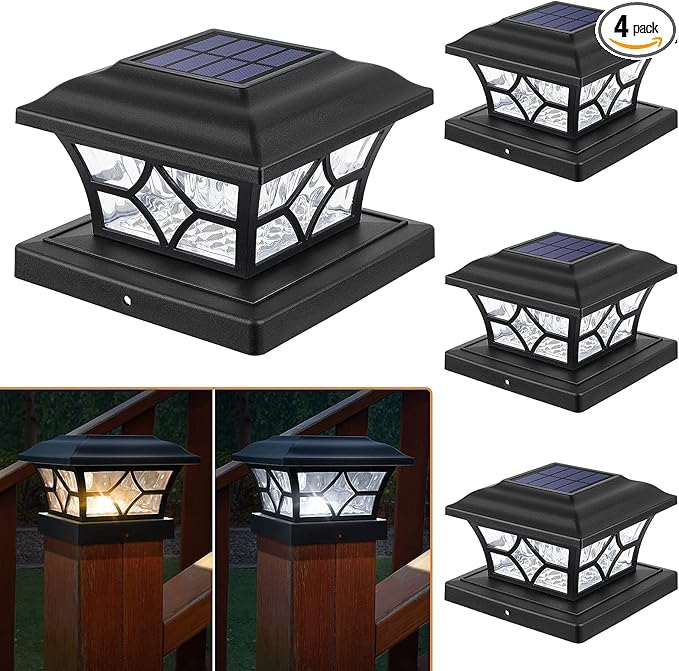 APONUO 4x4 Solar Post Cap Lights 4 Pack - 6x6 Post Cap Solar Light, 2-Mode, IP64 Waterproof, Post Lights Solar Powered for 4x4 5x5 6x6 Wood/Vinyl Posts, Black