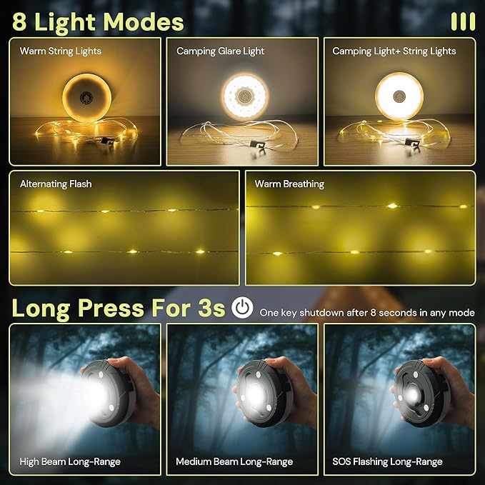 L LOHAS LED Camping String Lights, 4 in 1 Quick Recovery Waterproof Outdoor Tent Lights, 32.8FT with 8 Lighting Modes, Camping Essentials for Yard, Tent, Hiking, Patio, and Holiday Decoration