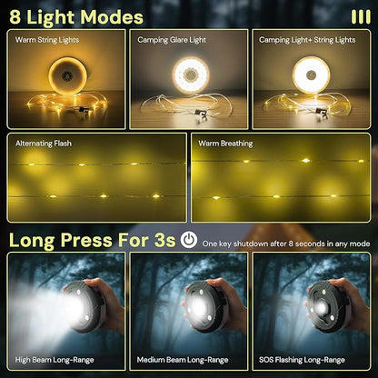 L LOHAS LED Camping String Lights, 4 in 1 Quick Recovery Waterproof Outdoor Tent Lights, 32.8FT with 8 Lighting Modes, Camping Essentials for Yard, Tent, Hiking, Patio, and Holiday Decoration