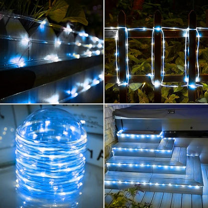 Solar Rope Lights, 66ft 200LED Solar String Lights, 8 Modes Waterproof Solar Powered Outdoor Light, Flexible Clear Tube Light for Garden Backyard Patio Deck Porch Pool Tree Christmas Decor -White&Blue