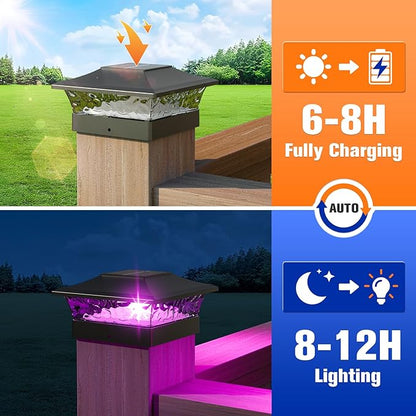 APONUO Solar Post Cap Lights with 8 RGB Solid Colors & Multicolor Flow - 8 Pack 6x6 Post Cap Solar Light, IP65 Waterproof - Fits 4x4 5x5 6x6 Wood & Vinyl Posts - Black