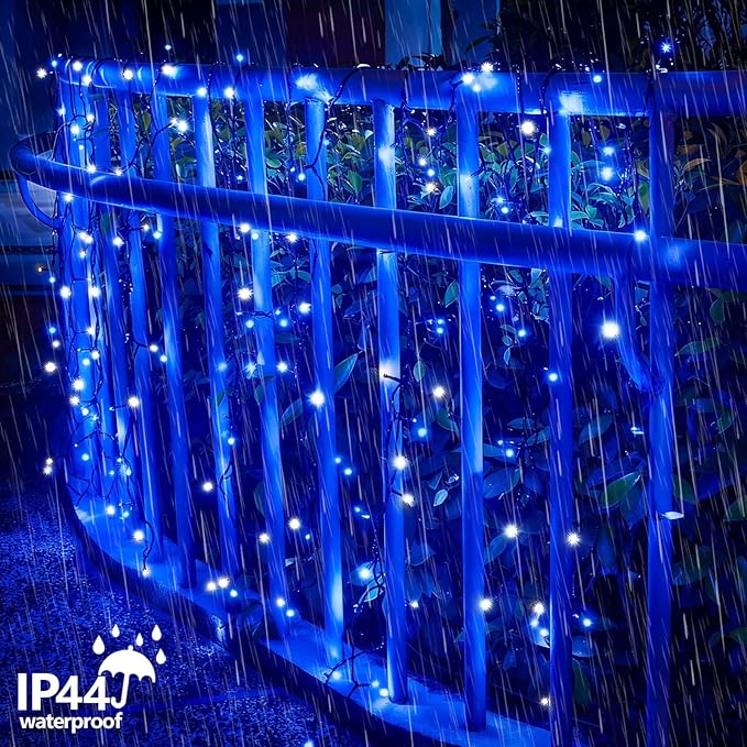 YEGUO Christmas Lights Battery Operated, 2 Pack Each 33ft 100 LED Blue and White String Lights Outdoor Waterproof, 8 Modes Green Wire Fairy Light Indoor with Remote