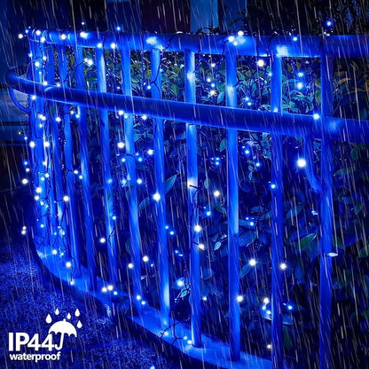 YEGUO Christmas Lights Battery Operated, 2 Pack Each 33ft 100 LED Blue and White String Lights Outdoor Waterproof, 8 Modes Green Wire Fairy Light Indoor with Remote