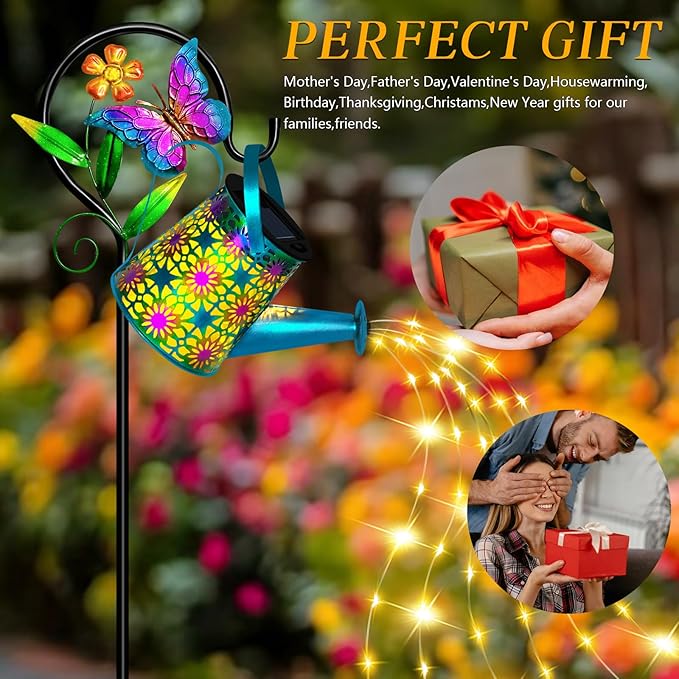 Solar Watering Can with Lights, Waterproof Solar Lantern with Butterfly Shepherd Hook, Hanging Garden Lights for Patio Yard Lawn Porch Outdoor Decoration, Unique Garden Gifts for Women Mom Birthday