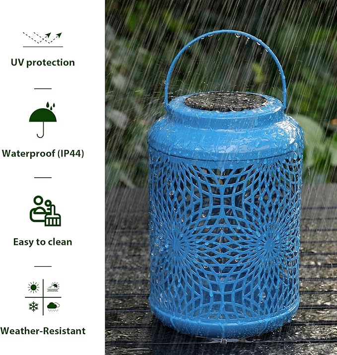 Glitzhome Solar Lantern Blue Metal Cutout Scrollwork Outdoor Hanging Solar Light with Handle for Garden Patio Yard Outdoor Decor