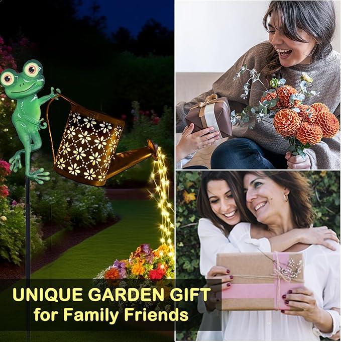 Solar Watering Can with Cascading Lights Outdoor Garden Decor, Frog Shaped Hook Gardening Gifts for Mom Women Grandma Birthday, Solar Lights for Garden Decorations Patio Yard Lawn Backyard