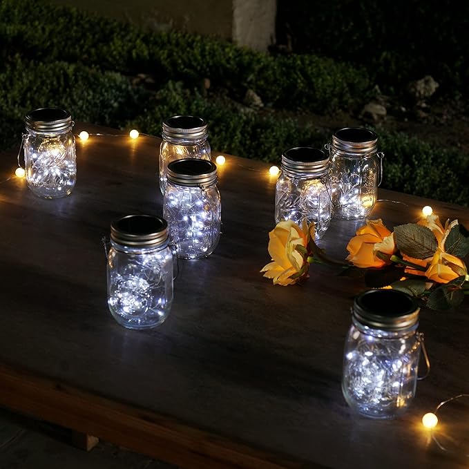Decorman Solar Mason Jar Lights, 8 Pack Waterproof Fairy Star Firefly Lids String Lights with 8 Hangers for Patio Yard Garden Party Wedding Christmas Decoration(Jars Not Included)