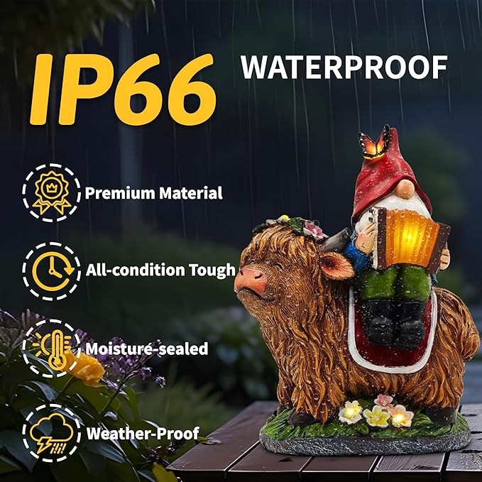 Christmas Garden Gnomes Outdoor Statues: 8'' Solar Light Gnome Decor on Highland Cow Play The Accordion Unique Birthday Gifts for Women Mother Grandma