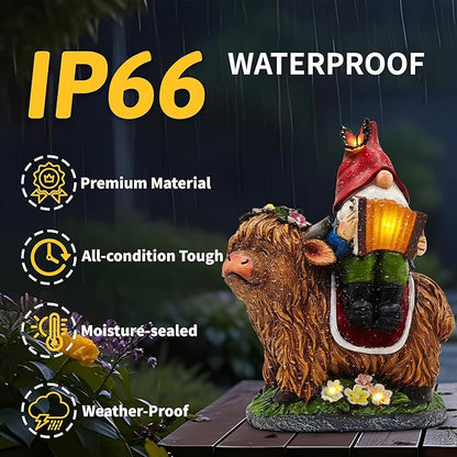 Christmas Garden Gnomes Outdoor Statues: 8'' Solar Light Gnome Decor on Highland Cow Play The Accordion Unique Birthday Gifts for Women Mother Grandma