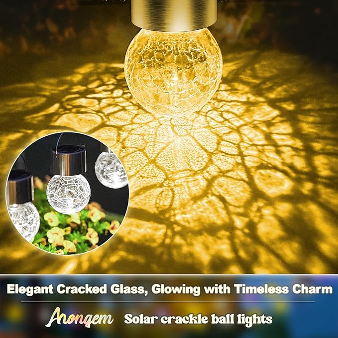Solar Hanging Lanterns Outdoor: 12 Pack Cracked Glass Ball Lights with Hook - Waterproof Warm White Fairy Globe Lighting Yard Tree Ornaments - Gardening Gifts for Mom Grandma