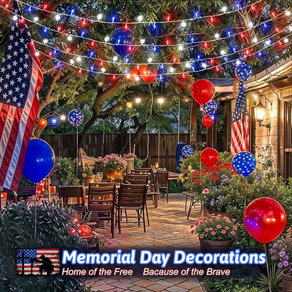 Red White and Blue Lights String 4th of July Decorations Outdoor Total 100 LED 33ft for Memorial Day Decorations, Battry Operated Waterproof with Timer Patriotic for Independence Day, 2-Pack