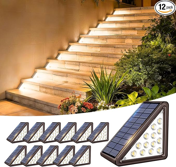 Brown Solar Step Light Outdoor Stair Lights, Deck Lights Outdoor Powered IP65 Waterproof, 3000K Warm White Solar Outdoor Step Light, Decor for Stair, Deck, Step,Porch and Outside Patio,12 Pack