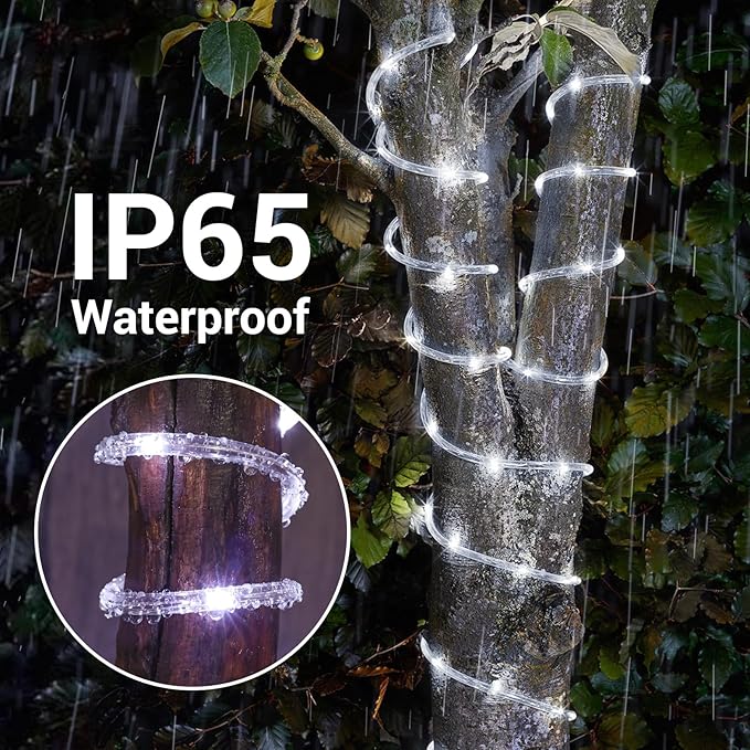 Solar Rope Lights, 2 Pack Total 132ft 400LED Solar String Lights, 8 Modes Waterproof Solar Powered Outdoor Light, Flexible Clear Tube Light for Garden Backyard Patio Deck Porch Pool Tree Decor - White