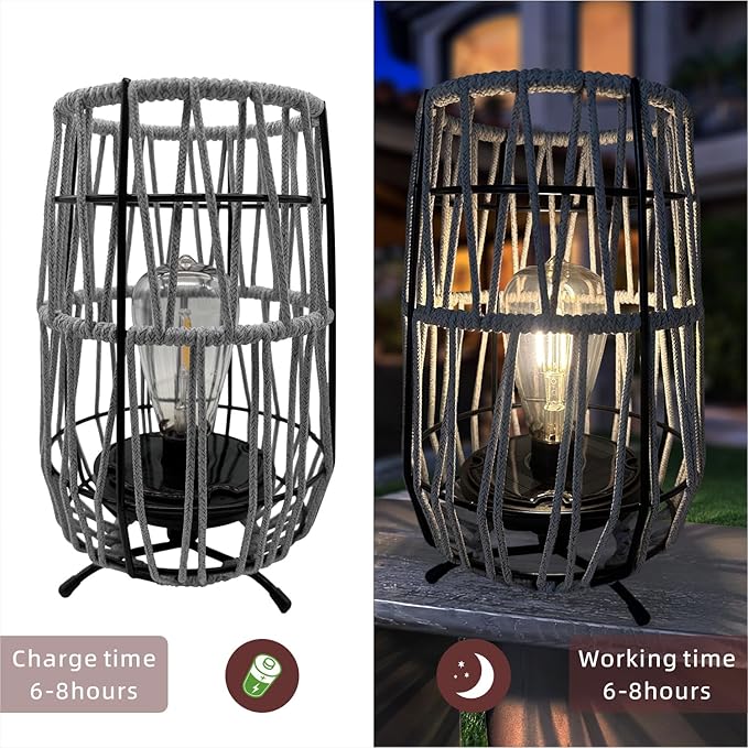 Solar Lanterns Outdoor Tabletop Lamp Lights with Waterproof Stand Decorative Water Resistant Resin & Polyester Cord Woven Design for Garden Patio Lawn Courtyard