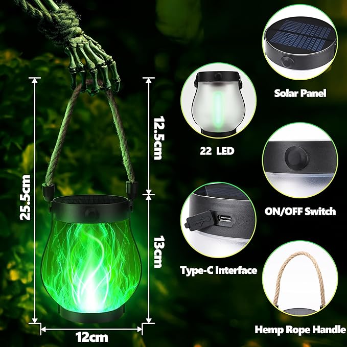Solar Flame Lantern Hanging Outdoor Waterproof - 2 Pack Flame Lanterns with Dual Charging Modes of Solar & USB for Garden or Yard Decorations (Green - 2 Pack)