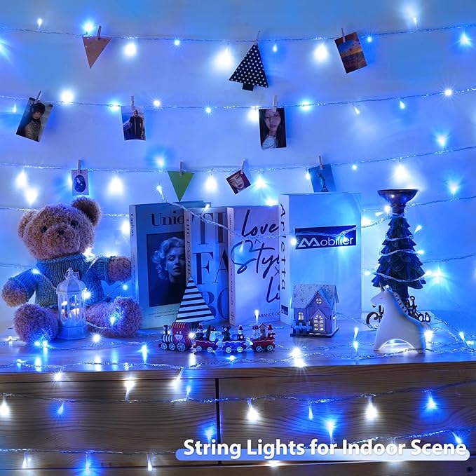 2 Pack Christmas String Lights Battery Operated with Timer, 66FT 200 LED Waterproof Battery Twinkle Lights, 8 Modes Fairy Light for Indoor & Outdoor Party Bedroom Christmas Decorations (Blue & White)