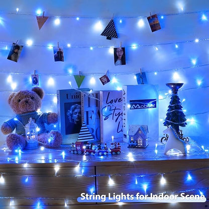 2 Pack Christmas String Lights Battery Operated with Timer, 66FT 200 LED Waterproof Battery Twinkle Lights, 8 Modes Fairy Light for Indoor & Outdoor Party Bedroom Christmas Decorations (Blue & White)