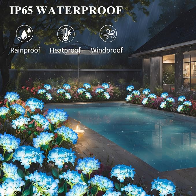 Garden Lights Solar Flower Light, LED Solar Powered Outdoor Light Decor for Path Yard Walkway Patio Balcony Lawn, Hydrangea Artificial Flower (Blue, 2)