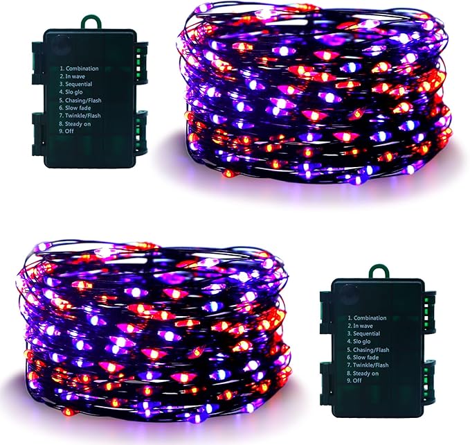 echosari 2 Pack Halloween Fairy Lights Battery Operated, 200 LED 66Ft Auto Timer Silver Wire Starry String Lights 8 Modes for Outdoor Garden Yard Fence Decor (Purple & Orange)