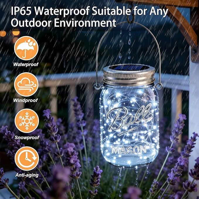 VOOKRY 12 Pack Solar Mason Jar Lights, 30 LED Mason Jar Lids Waterproof Firefly Fairy String Lights with 12 Hangers(No Jars), for Outdoor Patio Garden Yard Lawn Party Wedding Decoration - Cool White