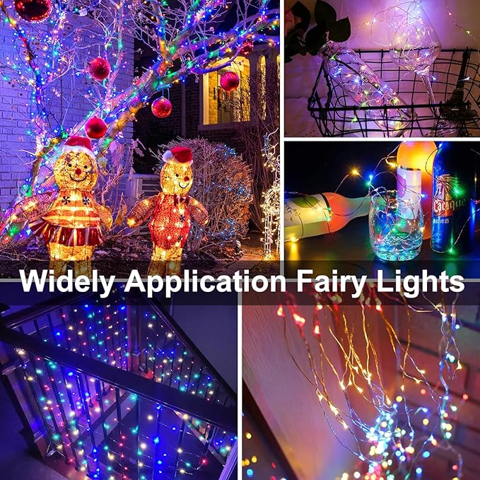 echosari 2 Pack Fairy Lights Battery Operated 200 LED 66Ft Silver Wire Starry Colored String Lights Auto Timer 8 Modes Waterproof Mini Christmas Fairy Lights for Bedroom Wedding Decor (Multicolor)