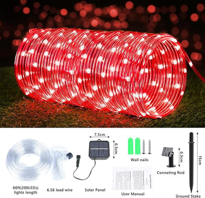 Solar Rope Lights Outdoor, 66ft 200 LED 8-Mode Waterproof String Tube Light for Garden & Patio, Red