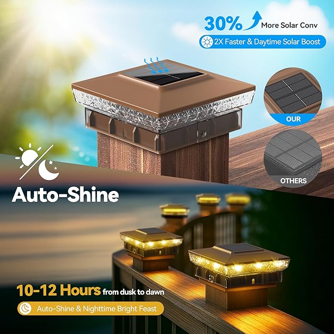 Solar Post Cap Lights, 6-Pack Upgraded Outdoor Deck Fence Post Solar Lights for 4x4 5x5 Wood/Vinyl Posts, IP65 Waterproof, 10-12 Hours Warm/Cool White Glow for Garden/Patio/Porch - Brown