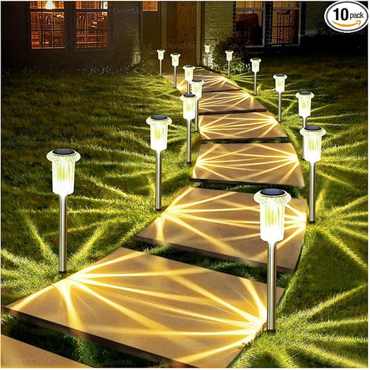 DenicMic Solar Lights Outdoor 15 Pack Waterproof 3000K Warm White LED Stainless Steel Stake Outside Lights for Yard Pathway Garden Driveway Walkway Landscape Path Lighting