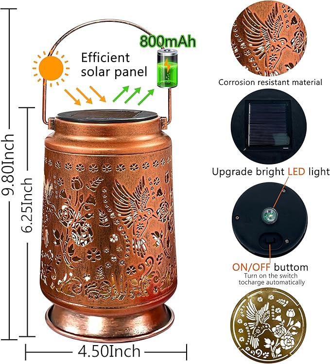 Metal Hummingbird Solar Lanterns for Outdoor, Waterproof LED