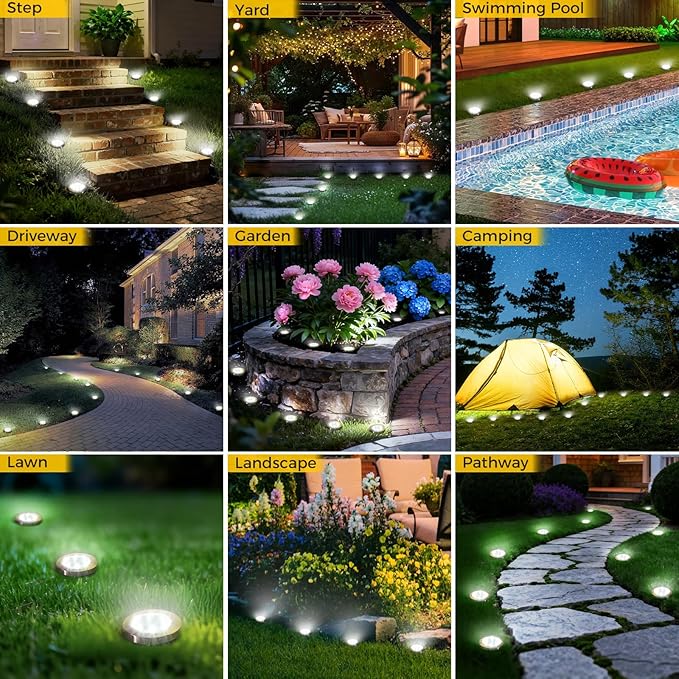 6 Pack Solar Ground Lights Outdoor, 8 LED Mini Flat Solar Disc Lights, IP65 Waterproof Pathway Lights Solar Powered, Landscape Lighting for Garden Walkway Driveway Pathway Yard Lawn,Cool White
