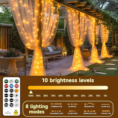 HXWEIYE Rechargeable 300LED Curtain Lights Battery Powered, 9.8x9.8Ft Outdoor Fairy String Lights with Remote & DIY Timer, 8 Modes Twinkle Light Waterproof for Indoor Backdrops Wedding, Warm White