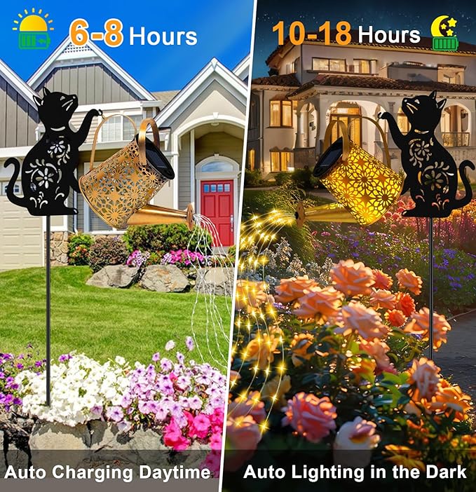 Christmas Gifts Solar Lights Outdoor Decorative, Watering Can with Cascading Lights, with Cat Silhouette Garden Stakes, Waterproof Metal Garden Decor for Yard Art, Outside, Patio, Lawn 2PACK