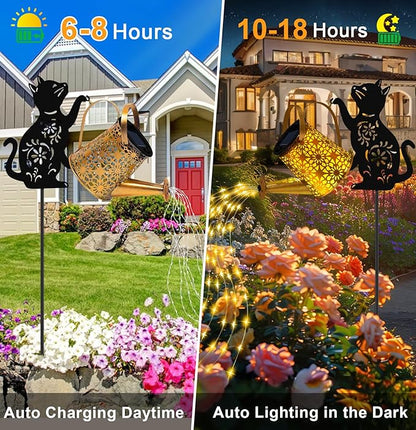 Christmas Gifts Solar Lights Outdoor Decorative, Watering Can with Cascading Lights, with Cat Silhouette Garden Stakes, Waterproof Metal Garden Decor for Yard Art, Outside, Patio, Lawn 2PACK
