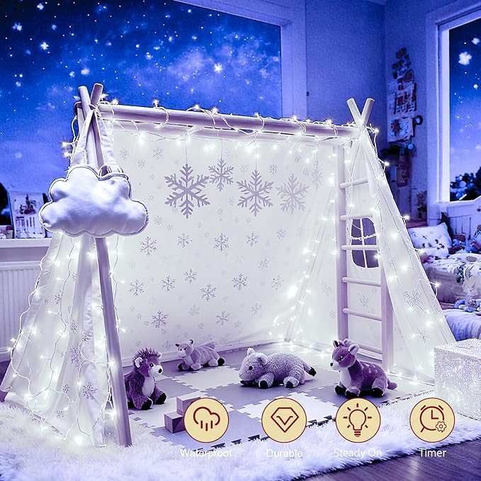Christmas String Lights Battery Operated, LED Christmas Lights Outdoor with Tiimer White Wire Mini Lights 16.4ft 50LED for Christmas Tree Garland Wedding Party Cool White