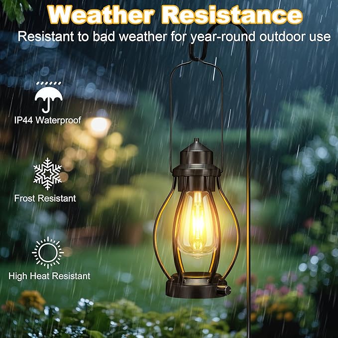 pearlstar Rechargeable Battery Operated Lantern 2 Pack Black Vintage Portable LED Decorative Camping Lamps Outdoor & Indoor, Dimming Warm Light with Timer, for Table Patio Garden Yard Pathway Porch