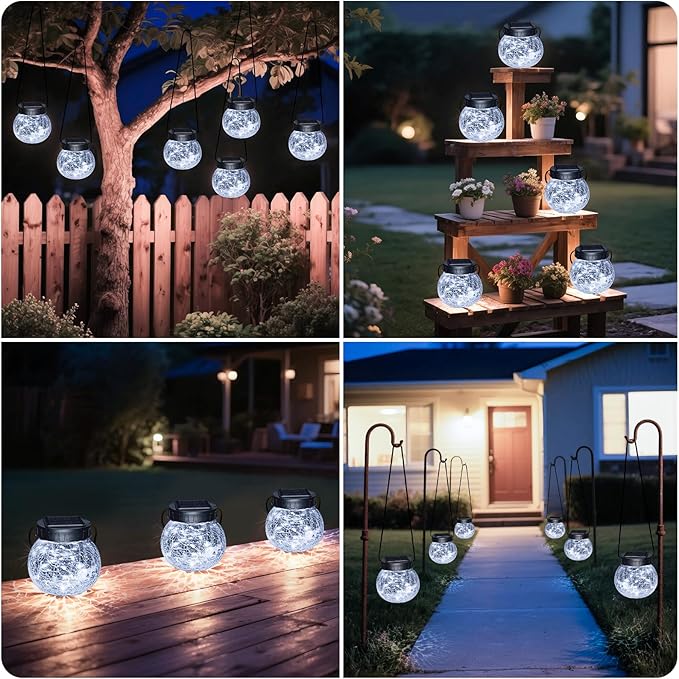 Kolpop Solar Lanterns Outdoor Waterproof 2 Pack, Hanging Solar Lights with 30 LED, Cracked Glass Hanging Globes for Garden Patio Fence Yard Christmas Tree Decoration, Cold White