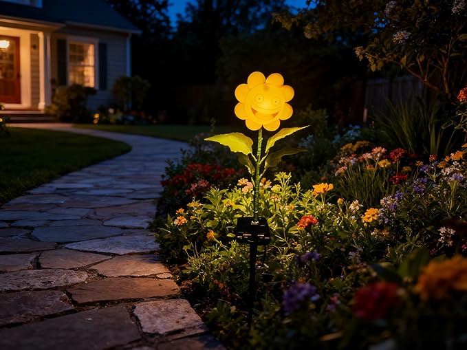 Single Pack Bobble Face Wind Spinners Sunflower Pinwheels Solar Fairy Light Outdoor - Garden Decor Gift, Waterproof Auto-On/Off Pathway, Lawn, Yard Stake Light Windmill for Decorations