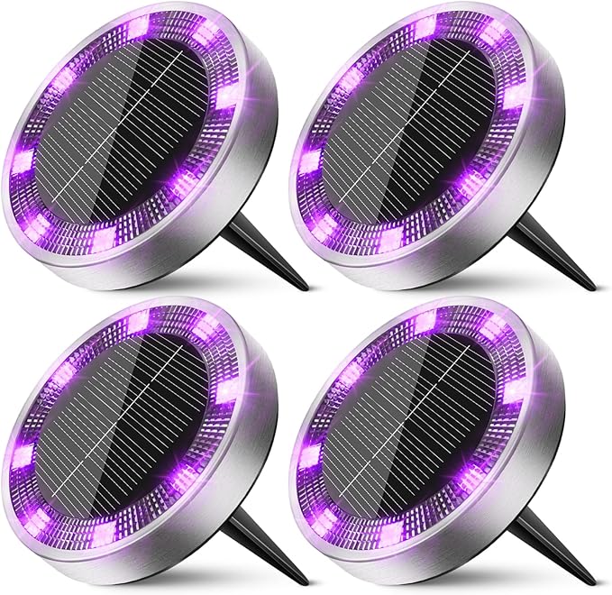 Peasur Solar Ground Lights Outdoor, 4 Pack Flat Solar Powered Disc Lights, IP68 Waterproof, Anti-Rust, Landscape Lighting for Pathway Garden Yard Lawn Walkway Landscape Driveway, Purple