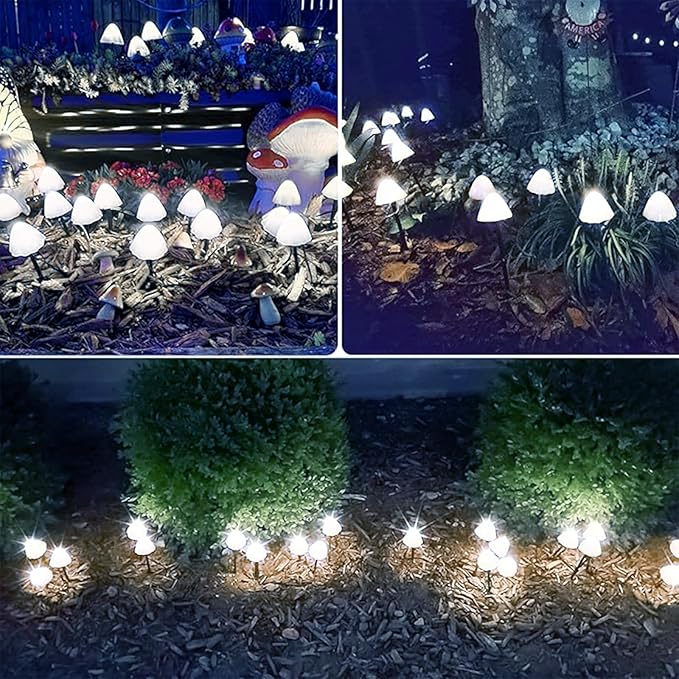 OZS 2PK 32LED 55FT Mushroom Solar Garden Lights Outdoor, Solar String Lights Waterproof with 8 Lighting Modes, Solar Garden Decor for Outside, Pathway Light for Yard Decoration (Cool White)