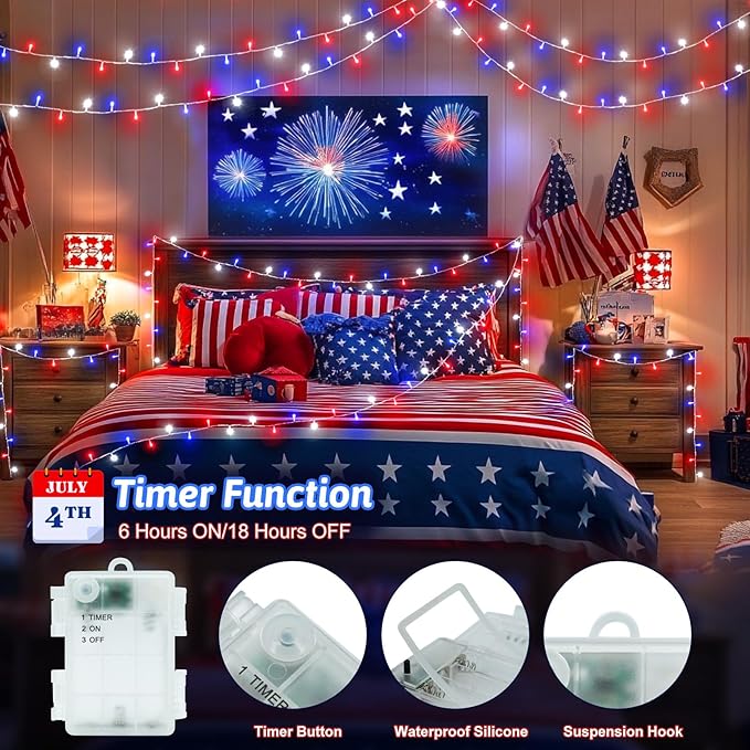 Red White and Blue Lights String 4th of July Decorations Outdoor Total 100 LED 33ft for Memorial Day Decorations, Battry Operated Waterproof with Timer Patriotic for Independence Day, 2-Pack