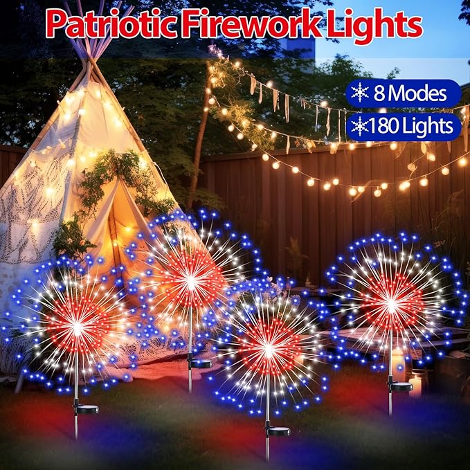 8 Pcs 4th of July Solar Firework Stake Lights 180 LED 8 Modes Solar Waterproof LED Sparkler Lights Outdoor Patriotic Decoration for Garden Patio Yard Pathway Walkway Lawn (Red White Blue)