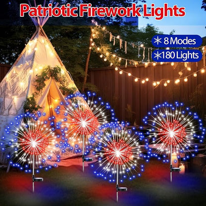 8 Pcs 4th of July Solar Firework Stake Lights 180 LED 8 Modes Solar Waterproof LED Sparkler Lights Outdoor Patriotic Decoration for Garden Patio Yard Pathway Walkway Lawn (Red White Blue)