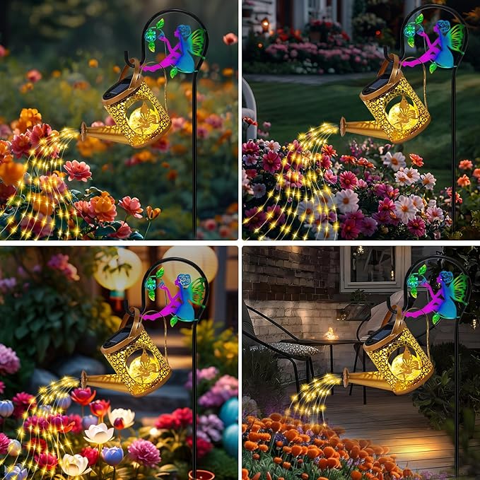 Christma Gifts Solar Lights Garden Decorative, Solar Watering Can with Cascading Lights, Waterproof Metal Lantern with Fairy Shepherd Hook, Outdoor Decor for Yard, Patio, Gifts for Mother's Day, Women