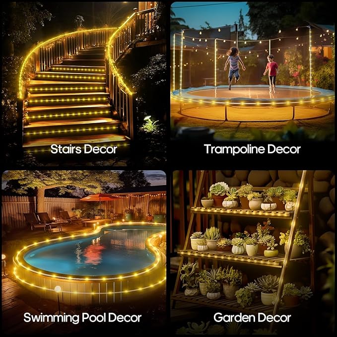 ICRGB Solar Rope Lights Outdoor, 39FT 100 LED Solar Rope Lights,IP67 Waterproof, 8 Modes, Outdoor Patio Porch Tree Wedding Christmas Pool Garden Decorative -Warm White