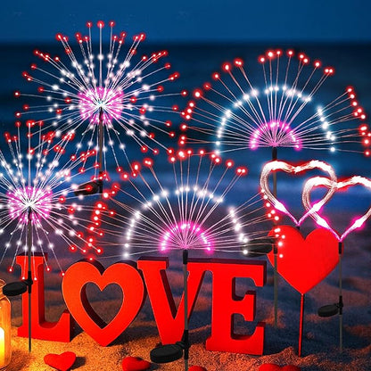 6 Pack Valentine's Day Solar Lights Outdoor, Solar Garden Lights Outside Fairy Firework Decorative,Solar Powered for Wedding,Yard Pathway Party Balcony Patio Decor (Red, White, Pink)
