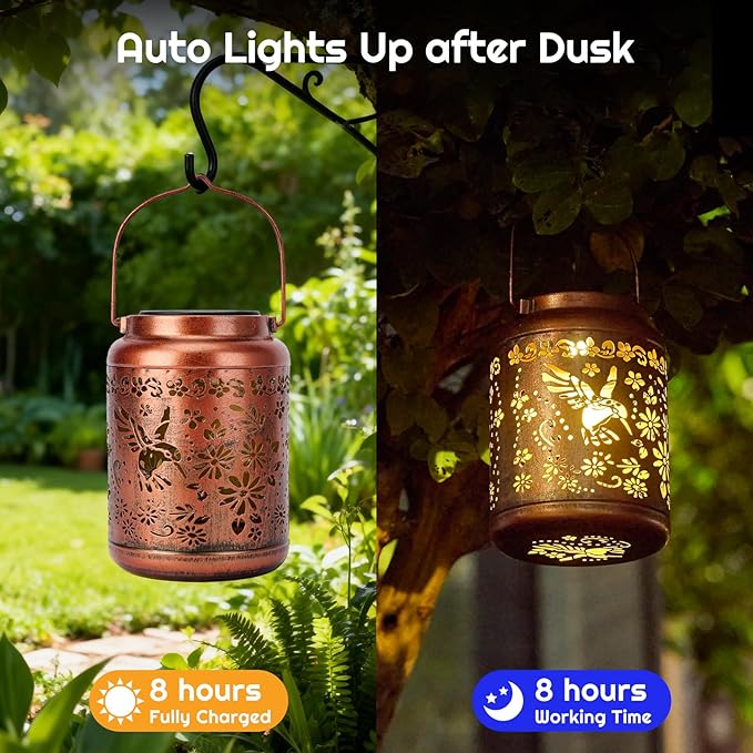 Hummingbird Solar Lanterns Outdoor Waterproof - Metal Hanging Hummingbird Solar Lights Graden Decor for Patio Yard Lawn Porch Pathway, Birthday Gifts for Women Mom Grandma