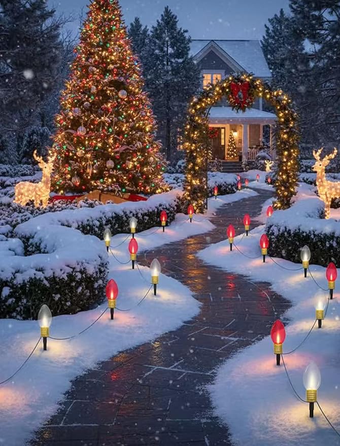 2 Pack Jumbo Red and White C9 Christmas Pathway Lights, 14ft Outdoor Decorative Lights with Energy-Efficient LED Bulbs, Waterproof for Yard, Garden, Porch, and Walkway - UL Listed