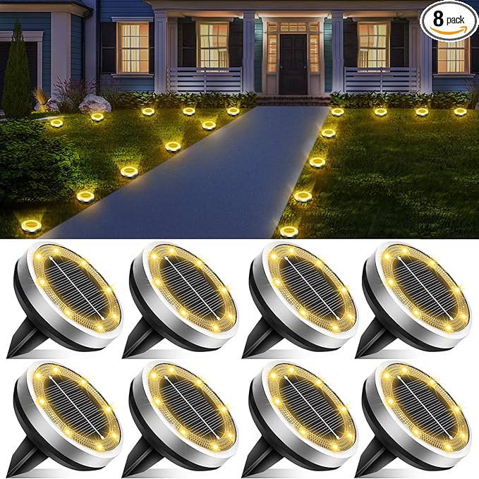 Solar Lights Outdoor Waterproof, 8 Pack 8 LED, Thickened Stainless Steel Ground Light, Solar Garden Lights Landscape Lighting for Patio Pathway Lawn Yard Deck Driveway Walkway, Warm White