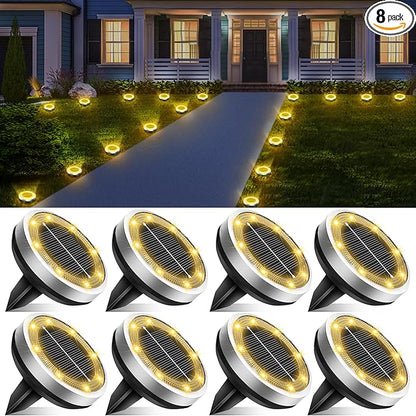 Solar Lights Outdoor Waterproof, 8 Pack 8 LED, Thickened Stainless Steel Ground Light, Solar Garden Lights Landscape Lighting for Patio Pathway Lawn Yard Deck Driveway Walkway, Warm White